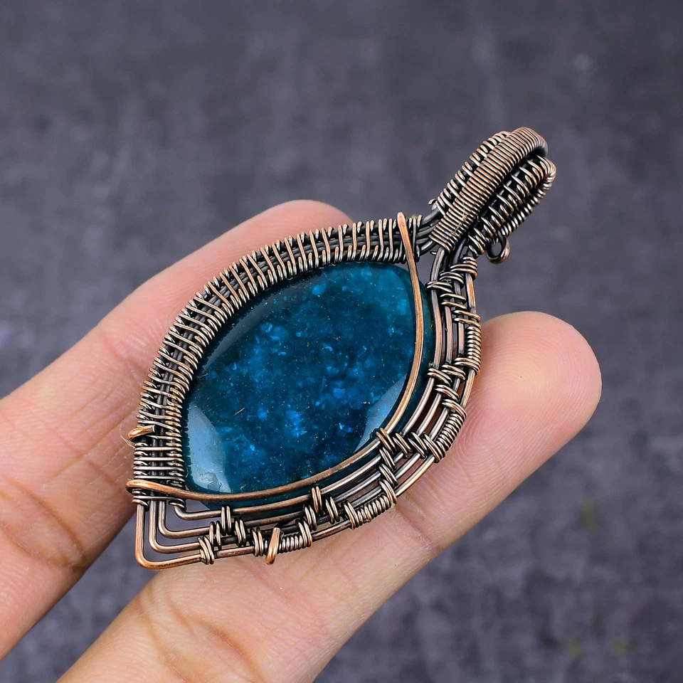 Colgante de joyería de regalo de envoltura de alambre de cobre hecho a mano con piedras preciosas de ámbar azul 2,76" Z630 Foto 3 de 4