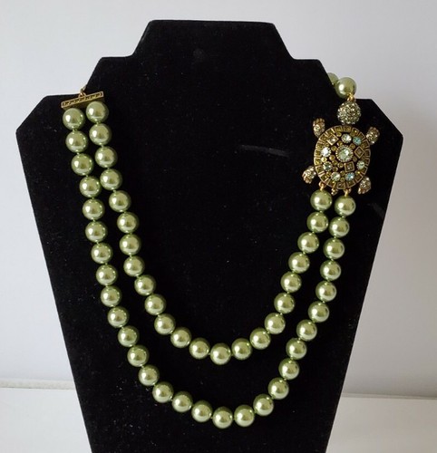 Heidi Daus Turquoise Turtle Faux Green Pearls & Crystals Necklace Multi Strands  - Picture 1 of 12