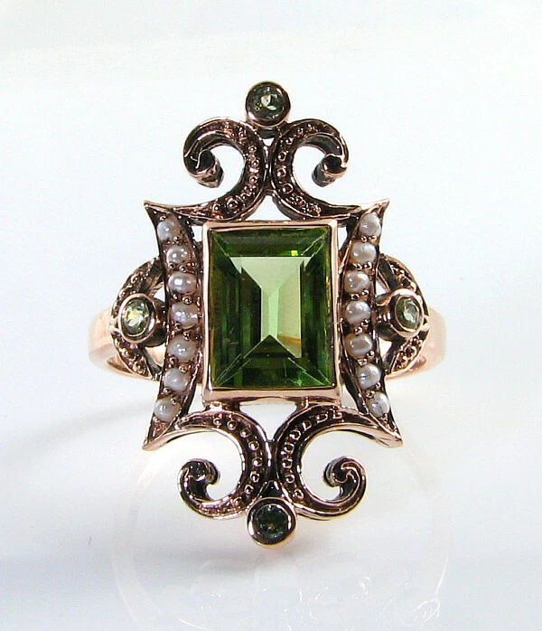 Anillo Cluster 9ct Oro Rosa Peridoto y Perla Art Déco Cocktail Talla Gratis O