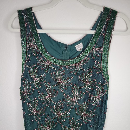 Vntg grün handgeperlentes Midi ärmellos Gatsby Karneval Cocktail Partykleid S - Bild 4 von 10