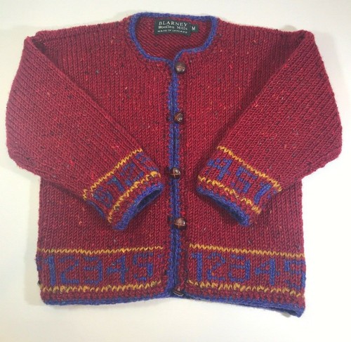 BLARNEY WOOLLEN MILLS Red Numbers Cable Knit Cardigan Sweater Unisex Kids Medium