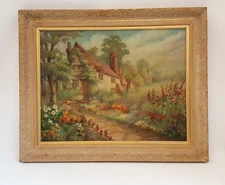Vintage oil painting cottage garden framed unsigned style of Robert Atkinson Fox