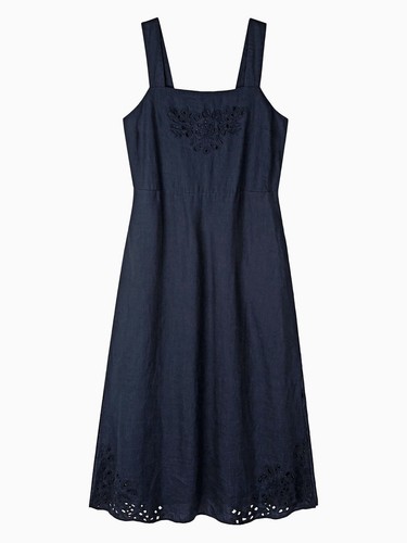 Ex The White Company navy blue pure linen cutwork midi dress Size 14 New - Picture 3 of 4