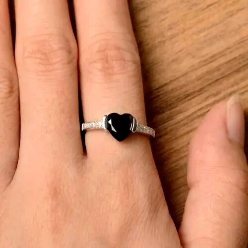 2.2Ct Heart Good Cut Lab Created Black Solitaire Ring 14K White Gold Plated - Picture 5 of 5