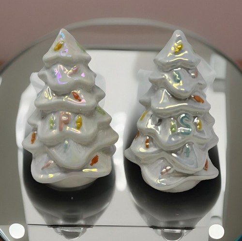 Ceramic Christmas Tree Salt & Pepper Shakers White Opalescent 3.75" Unused - Picture 3 of 9