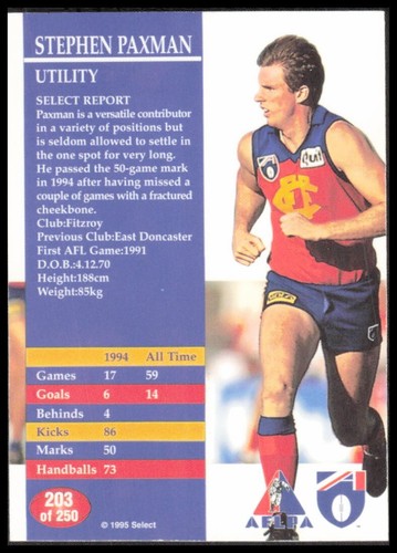 AFL 1995 Select Fitzroy Lions Stephen Paxman 203 Football Sport Card CB-1-1-B-4 - Picture 2 of 8