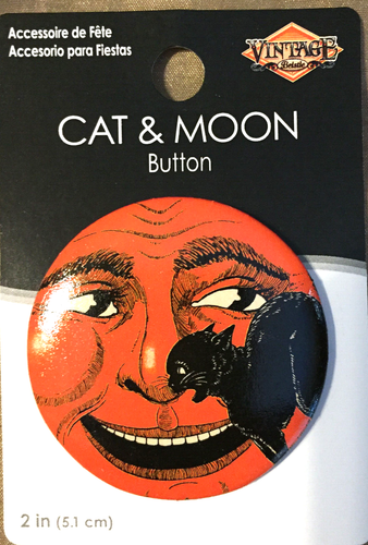 VINTAGE HALLOWEEN BEISTLE RETRO CAT & MOON PIN/BUTTON - Picture 1 of 2