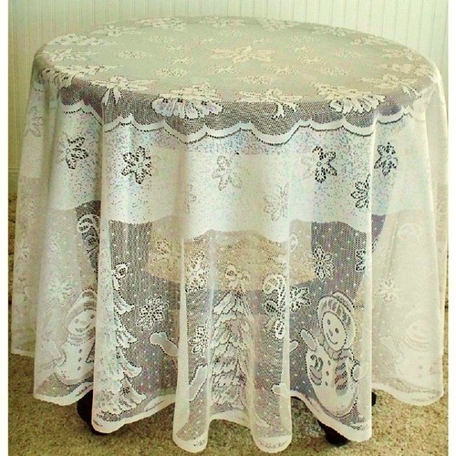 Lace Tablecloth 70" Round Christmas Snowman Family Ivory Dining Room Party - Picture 2 of 3