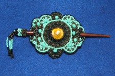 Fancy Beaded Barrette w/ Gemstone Center  Beaded stick closure 4x3.75" 05