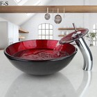 Bathroom Red Tempered Glass Basin Vanity Vessel Sink Faucet Waterfall Mixer Tap