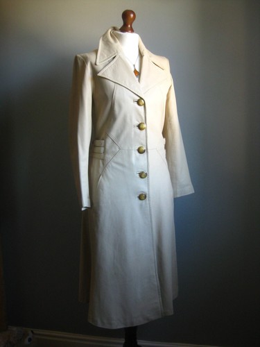 VINTAGE LONG LEATHER COAT 8 REAL soft smart elegant military fit flare belt long - Picture 2 of 13