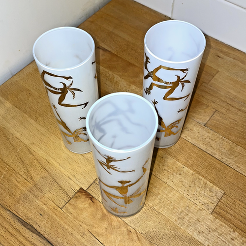 Tribal Dancer Tall Tumbler Glasses White 22JK Gold MCM Set Of 8 Josephine Baker - Picture 4 of 5