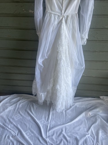 Vintage 70er Prärie Brautkleid Kleid weiß Boho bescheiden lange Bischofsärmel S - Bild 12 von 23