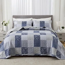 Queen Size Quilt Set Grey Patchwork Floral Plaid Reversible Quilted Bedspread...