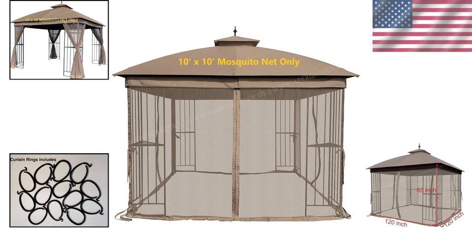 10'x10' Water-Resistant Tan Gazebo Mosquito Netting with Zippers - Easy Assembly - Image 2 of 4