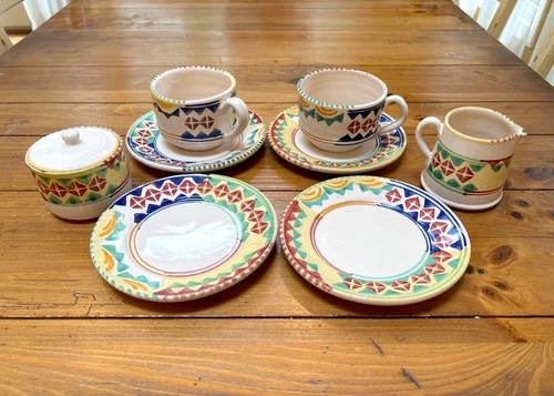 Creamer & Sugar - 2 Coffee Cups - 4 Plates Lamas Italian Pottery Set '90 Vintage