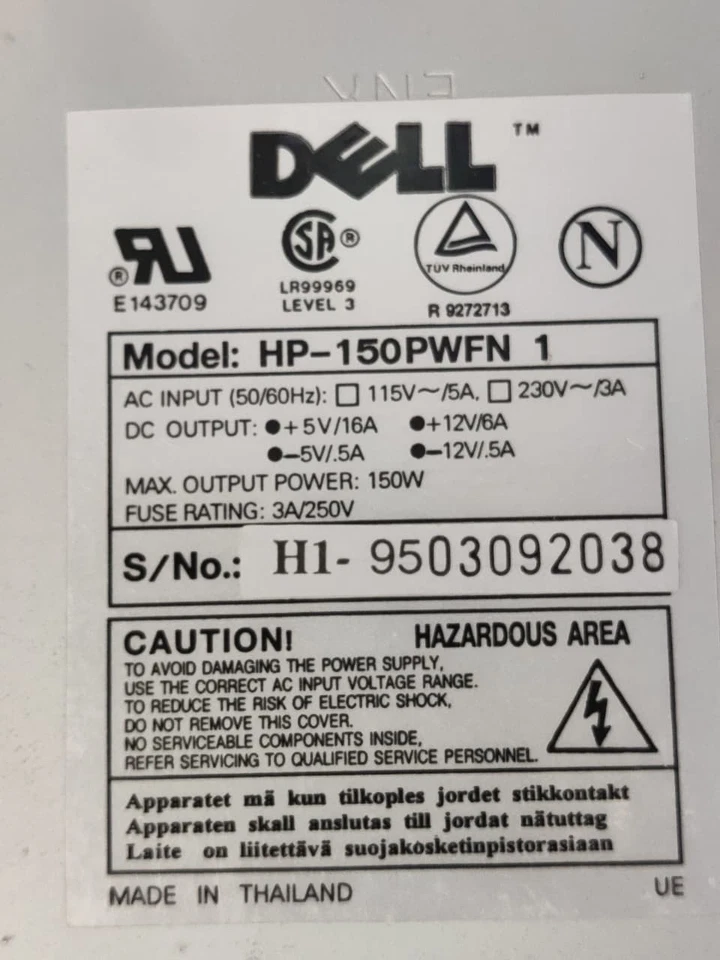 DELL HP-150PWFN 433/ AT Computer Power Supply 150W 4x Molex 1x FDD 115/230VAC - Image 2 of 4