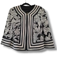 ST JOHN Cream Silver Metallic Zip Knit Jacket w/Black Accents Womens Size 12