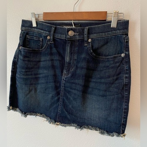 Express 90's Y2K Rockabilly Stretch Denim Raw Bottom Hem Mini Skirt Size 6 - Picture 2 of 8