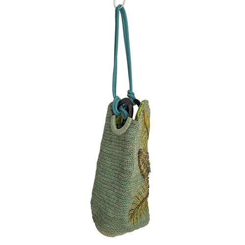 Autentica JAMIN PUECH - Borsa a tracolla in pelle multi rafia blu verde giallo - Foto 2 di 8