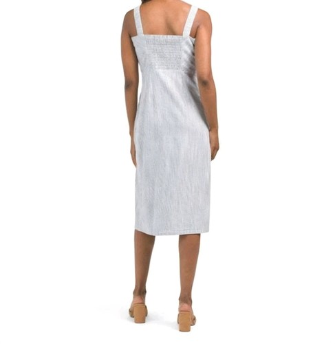 Tahari Grey White Linen Blend Pinstripe Midi Dress UK 8 Square Neck Smart Casual - Picture 2 of 18