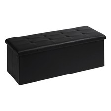 PINPLUS Folding Storage Ottoman Bench, Black Faux Leather Long Chest with Tray,