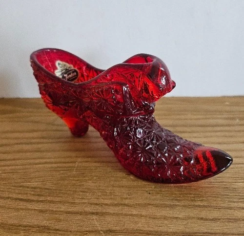 VINTAGE FENTON RUBY RED HOBNAIL GLASS CAT HEAD SHOE