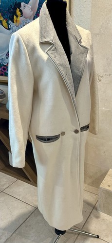 Cappotto vintage anni 90 bianco lana pelle colletto US M lunghezza caviglia vita lunga goccia - Foto 3 di 12