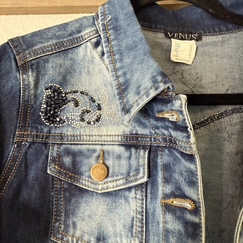 Venus Jeansjacke Damen 10 blau Stretch verziert Strass Nieten Glitzer - Bild 3 von 13