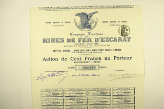 COMPAGNIE FRANCAISE DES MINES DE FER D EZCARAY ACTION DE 100 FRANCS PARIS 1908
