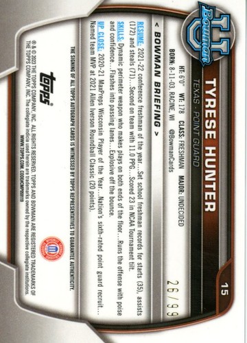 2022-23 Bowman University Chrome /99 Green Refractor #15 Tyrese Hunter (RC) - Picture 2 of 2