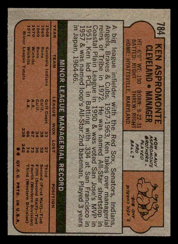 1972 Topps #784 Ken Aspromonte - VGEX-EX *TedsCardShack* - Bild 2 von 2