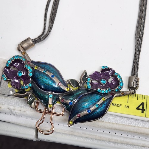 CHICO'S Statement Bib Necklace Enamled Blue Flower Floral Gunmetal Art To Wear - Picture 7 of 8