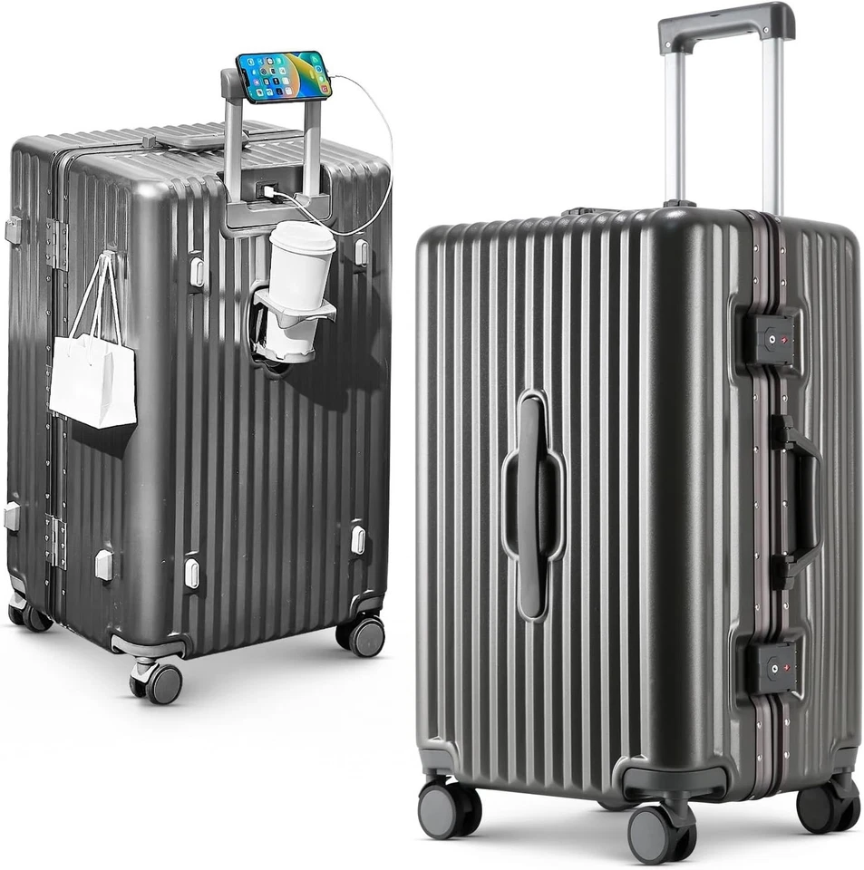 Aluminum Frame Suitcase 20" 24" 28" Carry-On Luggage w/ Cup Holder ,TSA,USB Port - Image 2 of 4