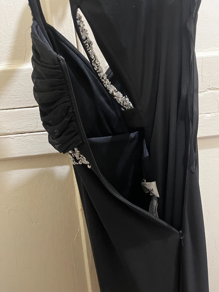 Betsy & Adam Dress- Women 14W - Long Black Rhinestone Criss Cross Waterfall Back - Image 3 of 4