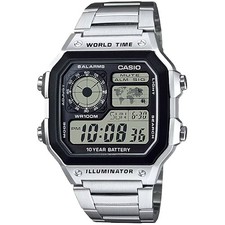 Casio Men's Watch World Time Black and Grey Digi Dial Bracelet AE-1200WHD-1AV