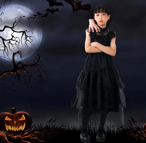 Schwarzes Kostüm Kleid für Mädchen 4-10 Jahre Cosplay Halloween Party Kleid - Bild 6 von 6