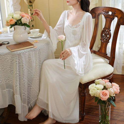 Womens Long Sleeve Padded Nightgown Lace Vintage Princess Tulle Soft Sleep Dress - Picture 10 of 18