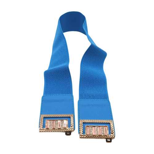 Women Blue Wide Elastic Fabric Fashion Belt Gold Metal Bling Square Buckle S M - Picture 20 of 22