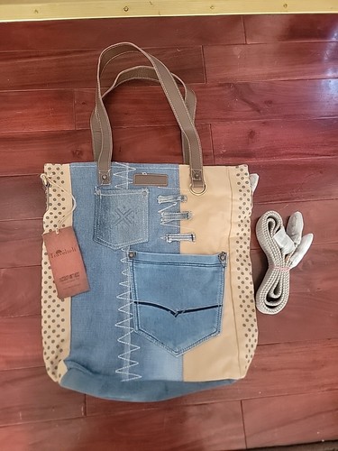 Travelteli Retro-Inspired Denim and Canvas Tote Bag with Leather Handles Strap