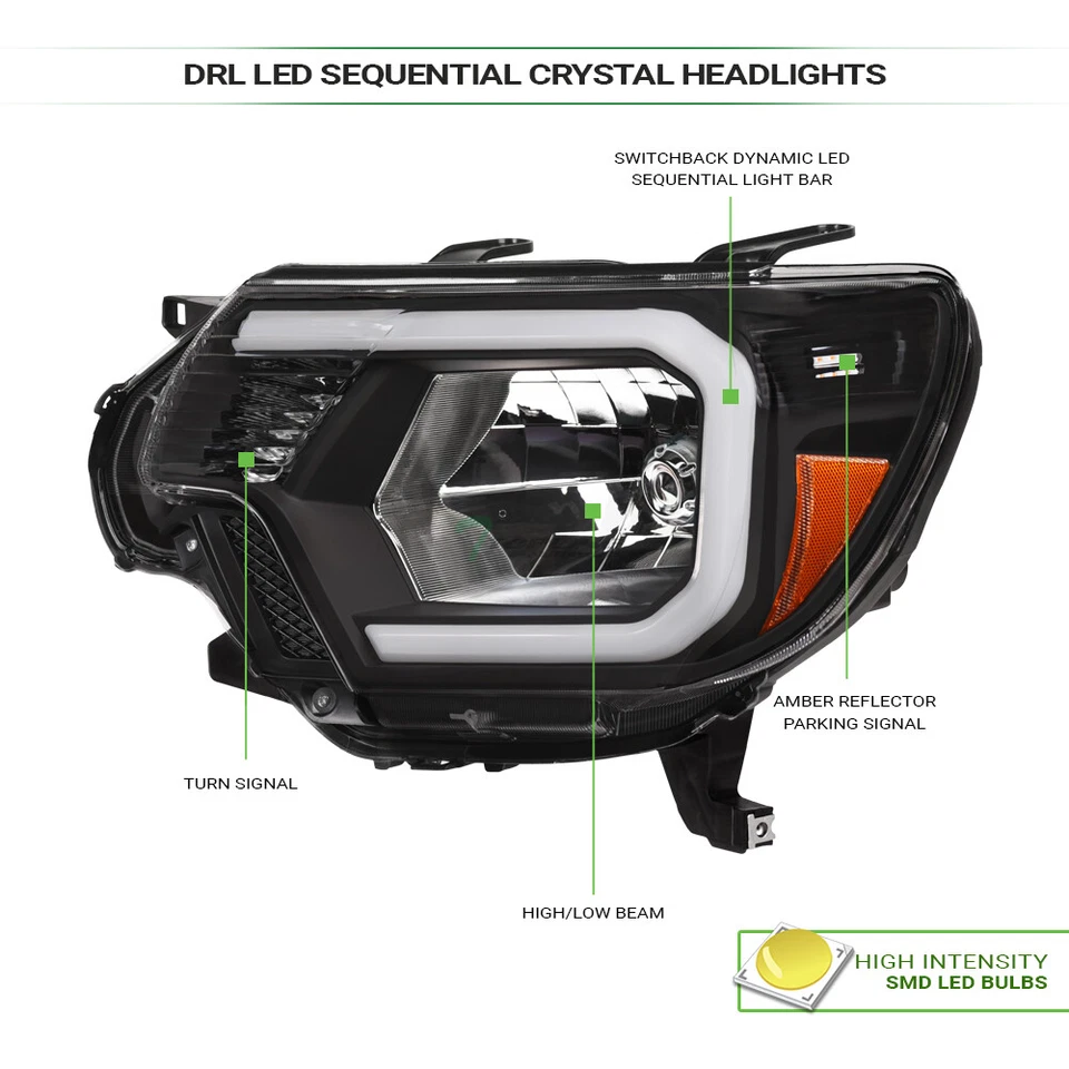 Topline For 2012-2015 Tacoma Switchback Sequential LED Strip Headlights - Black Foto 3 de 4