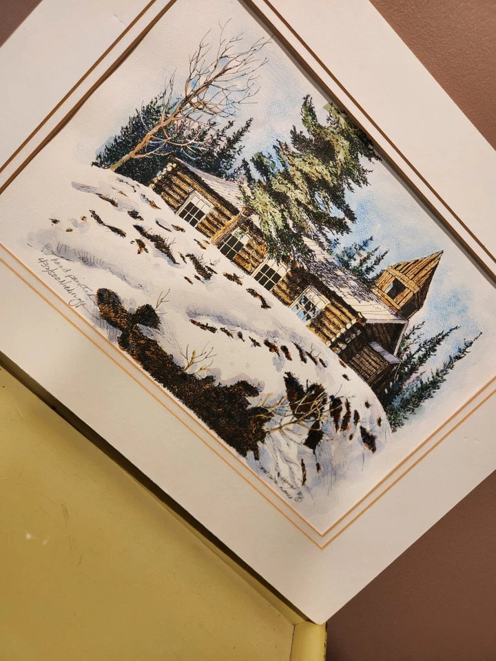 Impresión artística firmada por Gail Niebrugge capilla de invierno de Alaska numerada 1980 tinta de pluma Foto 2 de 4