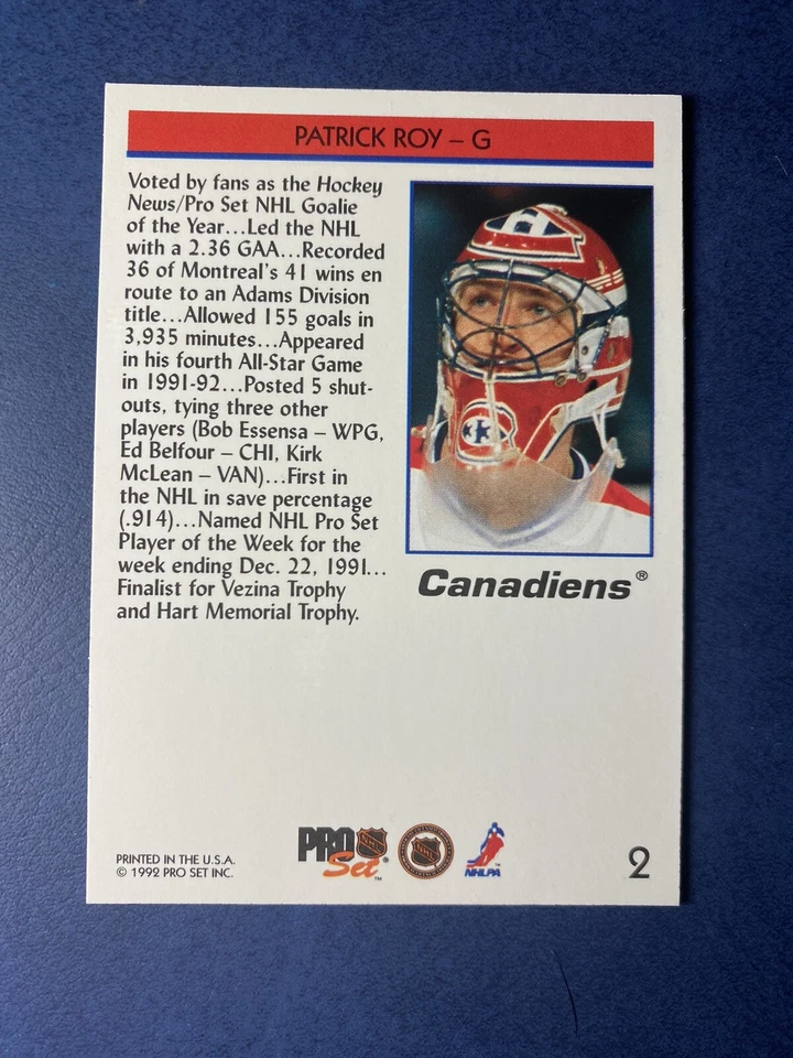 Wayne Gretzky(背面错误)Patrick Roy (BACK) 打印错误 1992-93 Pro 套装 — 第 3/4 张图片