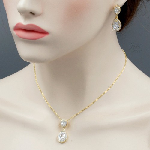 18K Gold Plated GP Zirconia CZ Necklace Earrings Bridal Wedding Jewelry Set 6289 - Picture 2 of 9