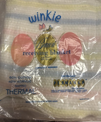 New Vintage Winkie Sealed Pastel Striped Baby Blanket Blue Pink Yellow White
