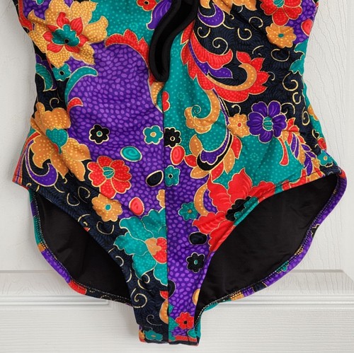 Retro Slim Suit 80's Mod One Piece Swimsuit Floral Underwire Size 16 Plunge Neck - Picture 7 of 15