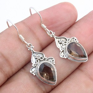 Smoky-Quartz-925-Sterling-Silver-Vintage-Earrings-Gemstone-Antique-Jewelry