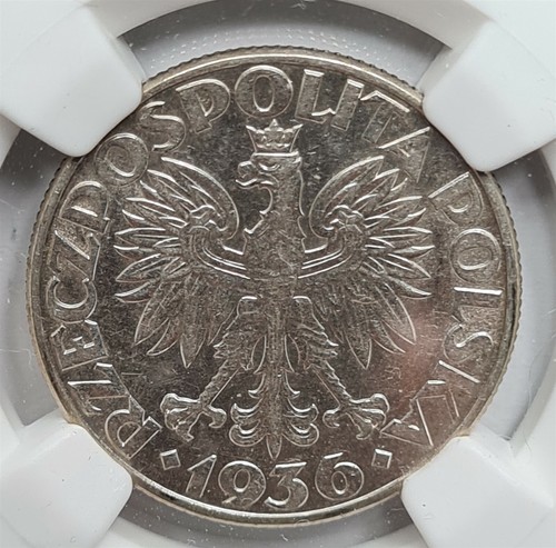 POLAND 2 zlote 1936 NGC AU 55 AU UNC Sailing Ship Gdynia Seaport Silver Eagle #1 - Picture 4 of 6