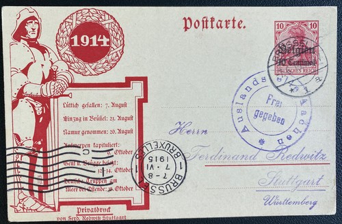 1915 Brussels Belgium German Occupation Stationery Postcard Cover To Stuttgart