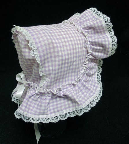Lavender Gingham Extended Back Victorian Style Baby or Doll Bonnet - Picture 2 of 4